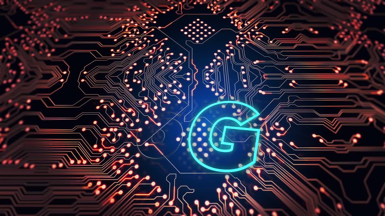 Digital animation of 6g text against microprocessor connections on blue background