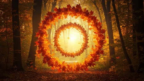 a stunning display of autumn's beauty: circular patterns of colorful leaves illuminate a serene forest pathway in golden light