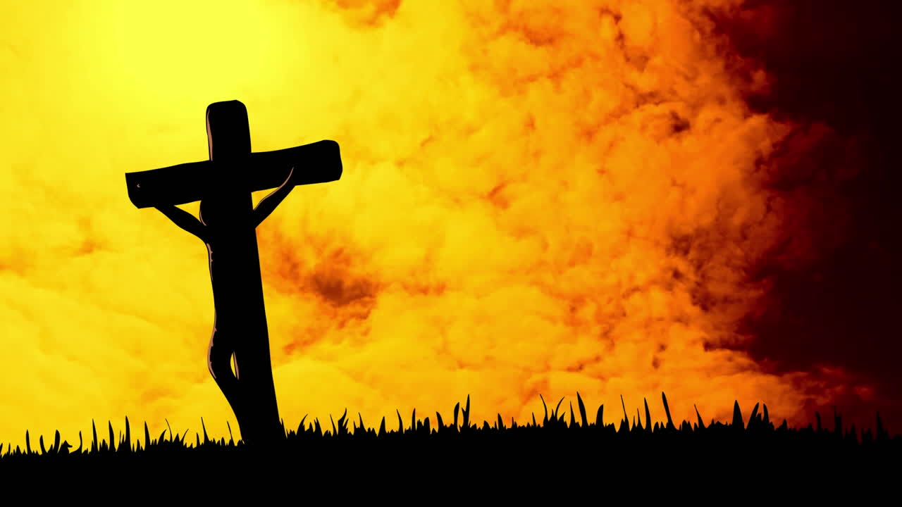 배경 에 노란색 과 오렌지색 구름 위 에 있는 그리스도인 십자가 의 실루 ⁇  의 애니메이션