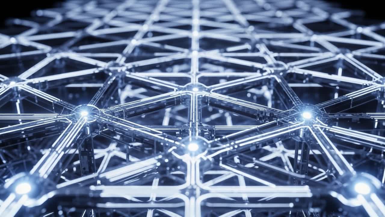 A Stunning Close-Up of a Metallic Network Structure with Interconnected Nodes Illuminated by Soft Glow, Showcasing Modern Design and Intricate Geometry