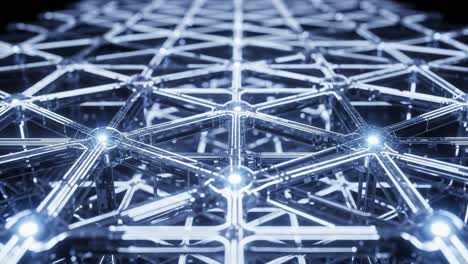 a stunning close-up of a metallic network structure with interconnected nodes illuminated by soft glow, showcasing modern design and intricate geometry