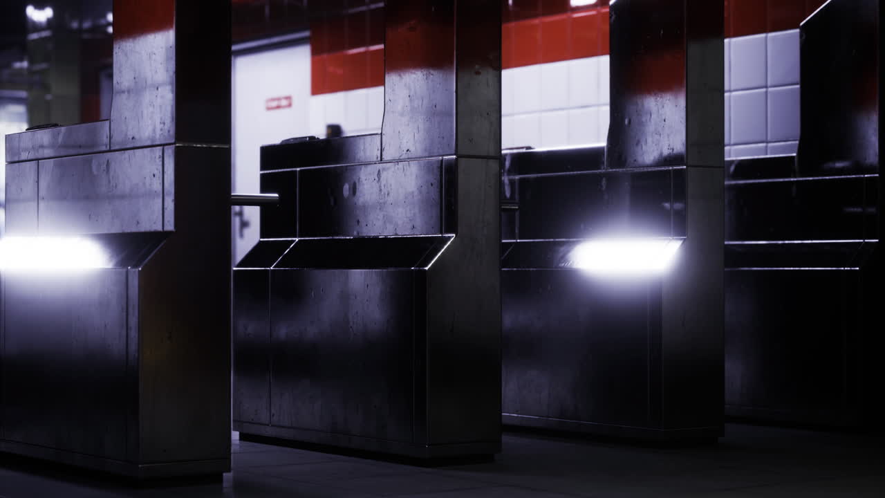 Unique design of subway turnstiles illuminated in urban station at night
