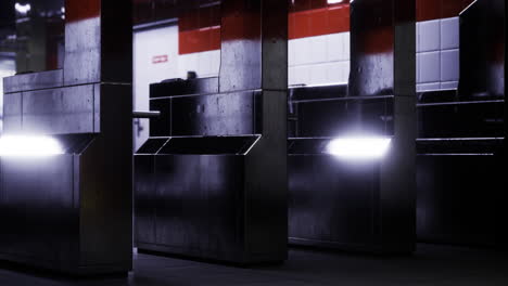 Unique design of subway turnstiles illuminated in urban station at night