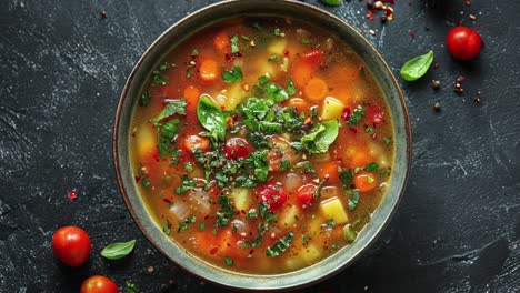 close-up of a bowl of vegetable soup with tomatoes, carrots, potatoes, onions, and basil