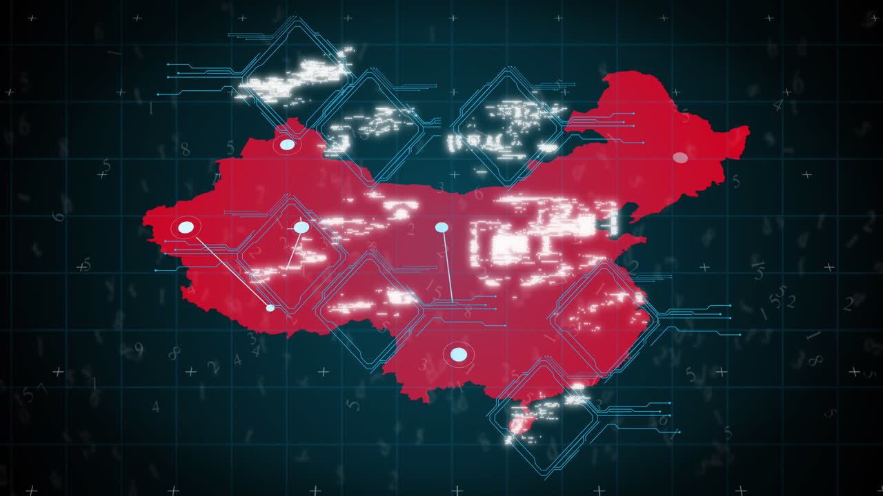 animación de la interfaz digital que muestra un mapa rojo y una red de iconos conectados sobre un fondo negro