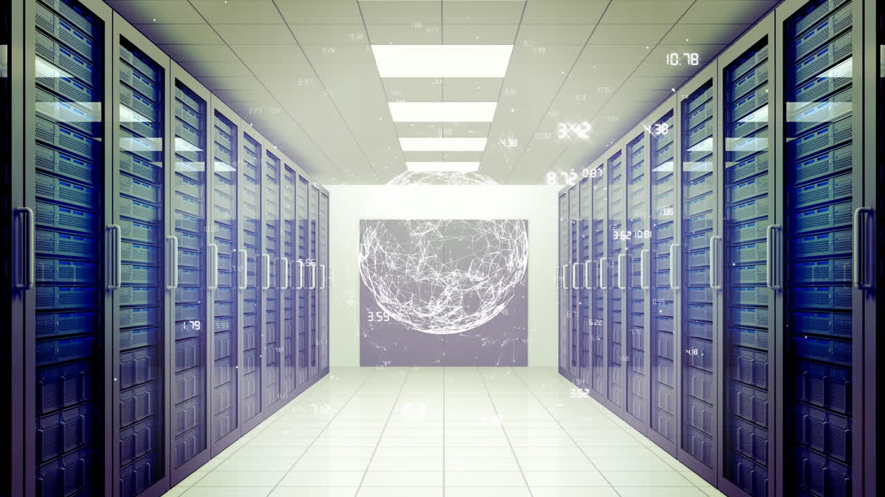Animation of numbers and globe over server room