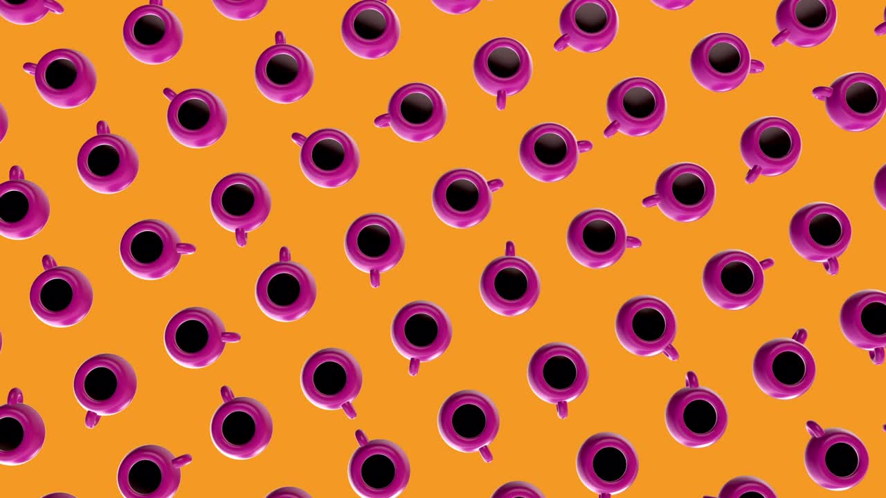 fondo de patrón de movimiento abstracto con taza de café o té girada. animación de bucle 3d en estilo realista de dibujos animados. composición de arte colorida minimalista moderna para proyecto de comida y bebida.