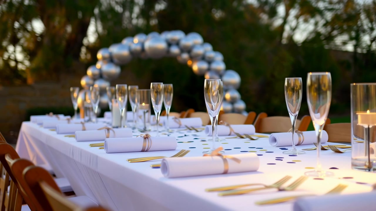 Vista dal basso di un lungo tavolo da banchetto all'aperto preparato per un ricevimento serale, con tovagliato bianco, tovaglioli arrotolati legati con un nastro chiaro, posate dorate, flûte da champagne, coriandoli e il caldo bagliore del tramonto