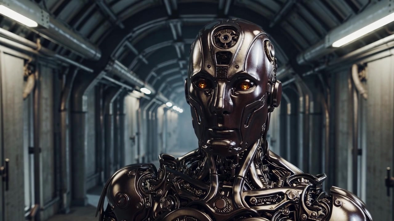 Advanced Humanoid Robot Standing in a Futuristic Industrial Corridor
