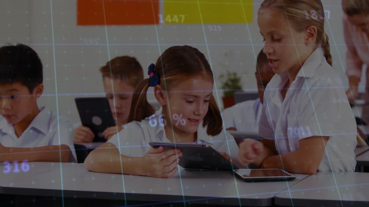 Children using tablets in classroom with data processing animation overlay