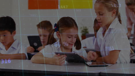 children using tablets in classroom with data processing animation overlay