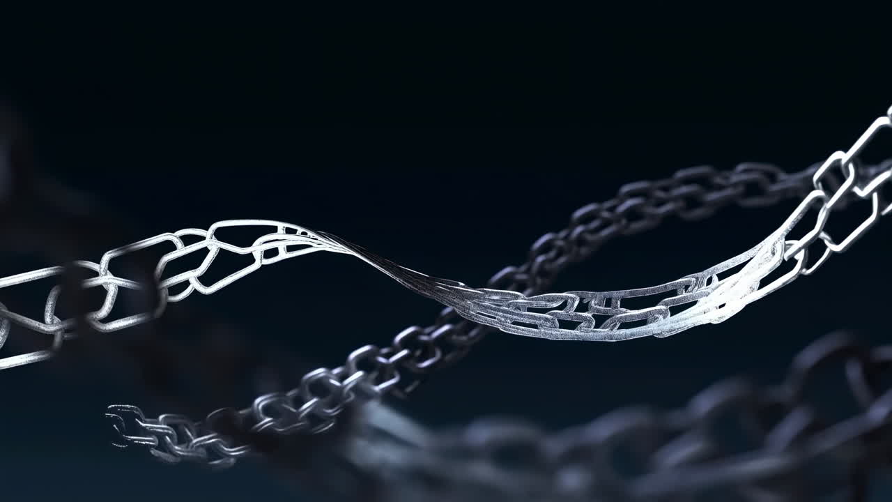 Abstract Metallic Chains Dissolving into Glowing Digital Lines