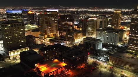 incredible aerial hyperlapse in downtown salt lake city utah at night - truck right movement