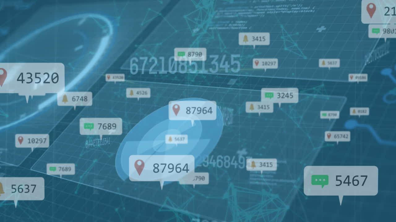 알림 바의 애니메이션, 변하는 숫자, 컴퓨터 언어, 모양을 형성하는 연결된 점