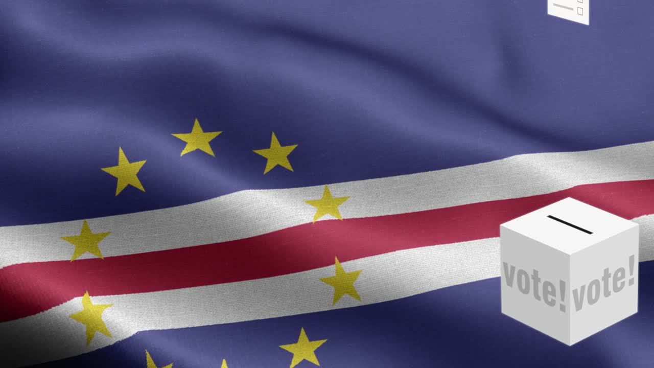 표는 국기 앞에 있는 투표함으로 날아갑니다. - 선거 - 투표 - 국기 앞의 투표함 - 국기 - 국기 높은 세부 사항 - 국기 국기 - 카페베르데 파동 패턴 - 루프 가능한 요소 - 직물 질감과 끝없는 루프 - 수직 발