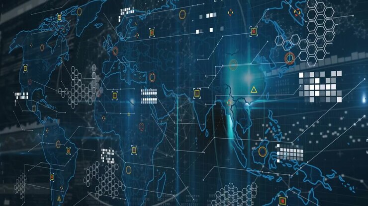 Animation of world map over data processing on black background