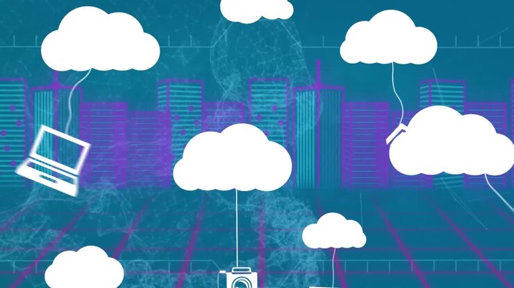 Animation of digital icons tied to cloud icons over 3d city model against blue background