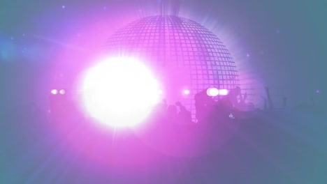 Animation-of-mirror-disco-ball-with-colourful-spotlights-moving-around-and-silhouettes-of-crowd-of-p