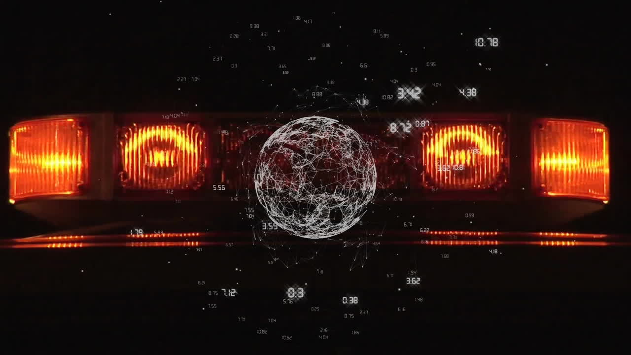 luces de emergencia parpadeantes del vehículo con superposición de animación de globo de red digital