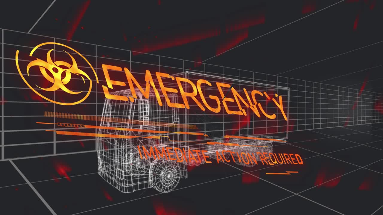 Biohazard icon appearing, starting EMERGENCY text sliding across wireframe rig demanding action now