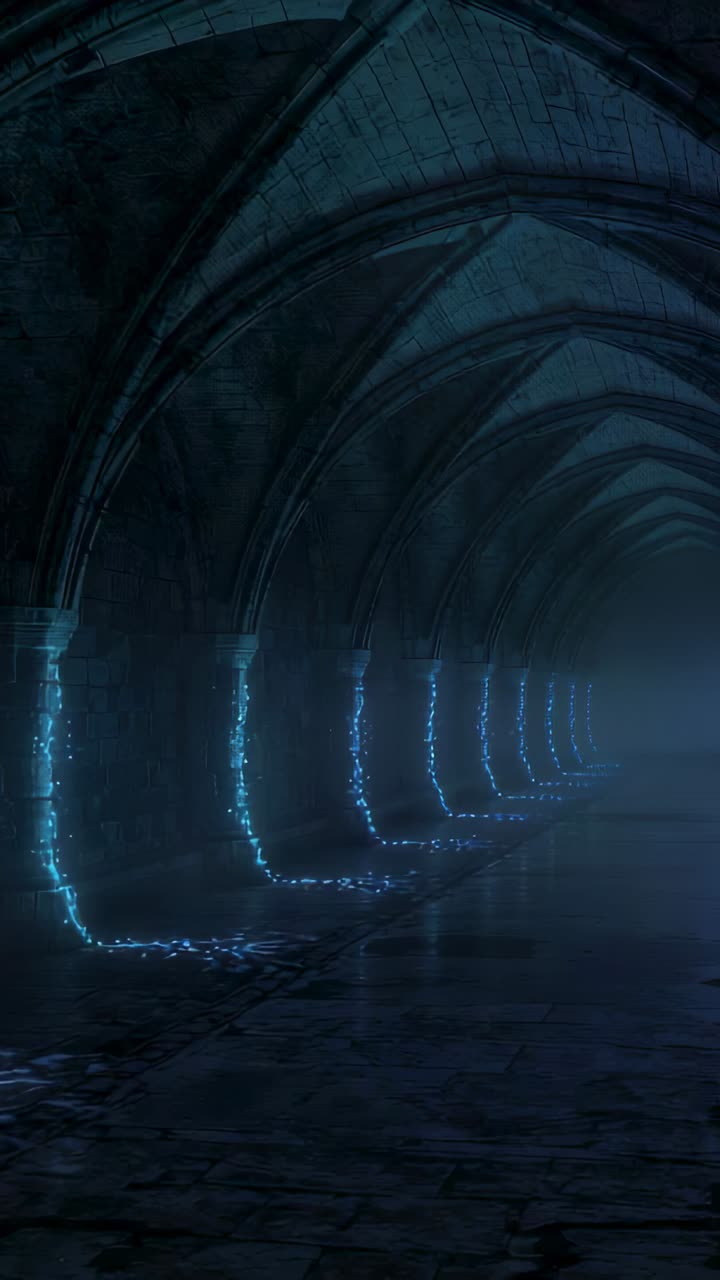 Vertical video: Shot advancing camera moving down corridor to lead eye, showing ribs and blue line