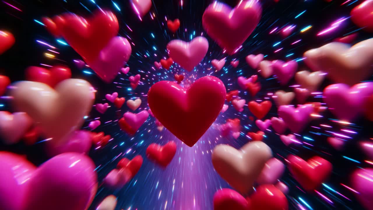 Un'esplosione vivace di cuori colorati nello spazio, che formano uno sfondo incantevole e stravagante che mette in mostra amore e affetto attraverso movimenti dinamici ed effetti di luce brillanti, perfetto per temi romantici e celebrazioni