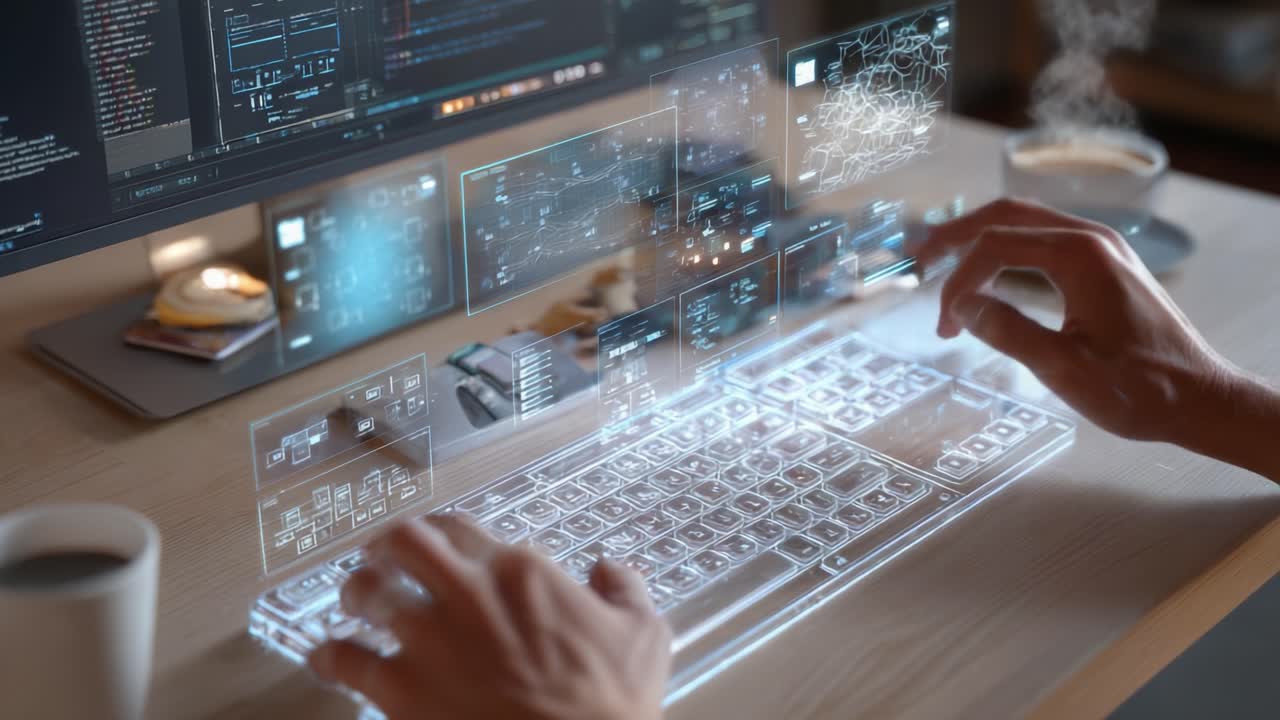 Futuristic User Interface: A Glimpse of Advanced Holographic Technology in Action, Showcasing Hands Interacting with a Virtual Keyboard Amidst Data Streams and Computer Code