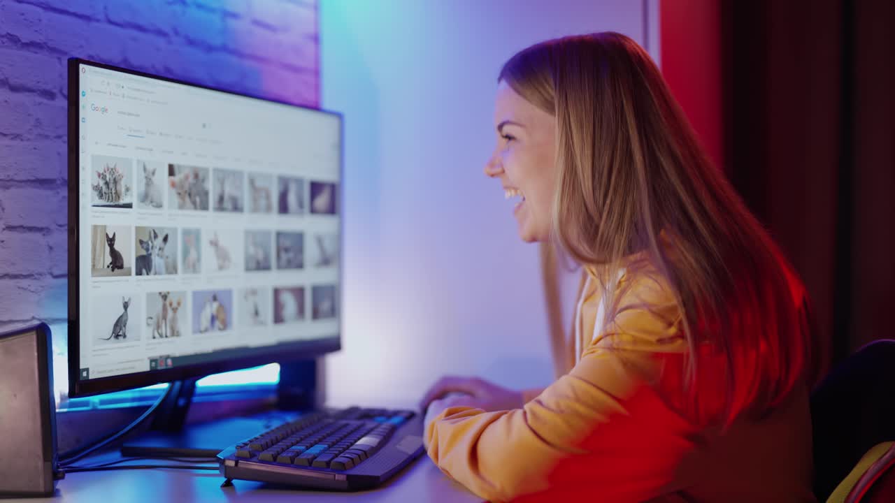 Happy woman looking on screen with many pictures. Beautiful girl sitting at home in front of the computer and laughing.