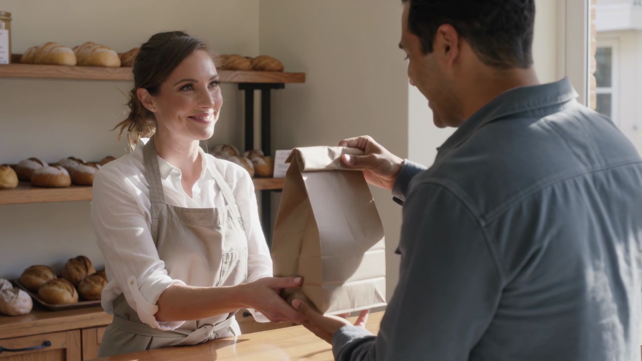 Handing female staff beige apron passing paper bag at bakery, customer reaching, completing sale