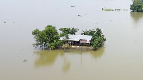 a rural village house surrounded by flood water in bangladesh. severe flooding. aerial view