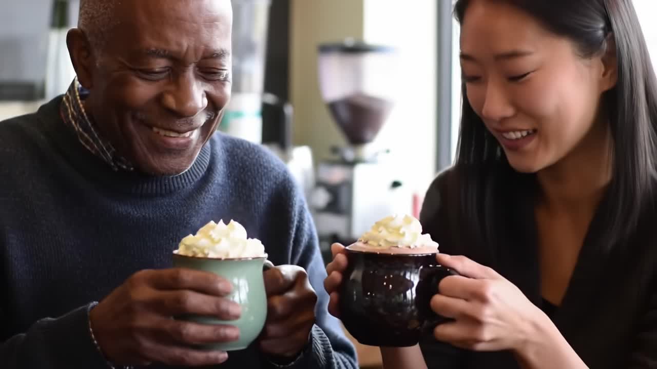 A Heartwarming Moment: Two Friends Enjoy a Cozy Coffee Break Together, Sharing Joy and Laughter Over Delicious Whipped Cream-Topped Drinks