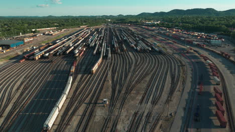 aerial view of railroad yard with freight trains in nashville, tennessee