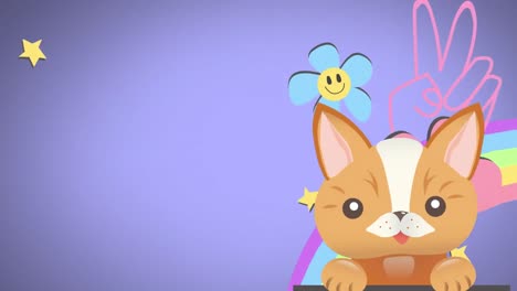 animación de gato, mano que muestra el signo de la victoria y flores en el arco iris con espacio de copia