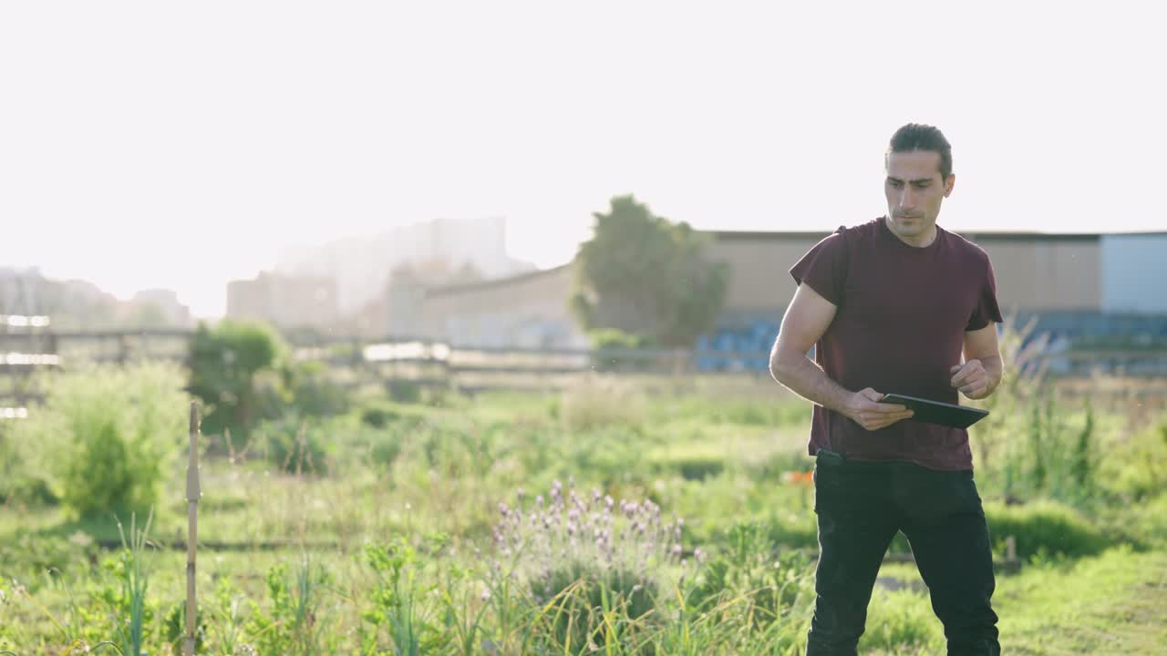 Agronomist inspecting crops and using a digital tablet for data collection