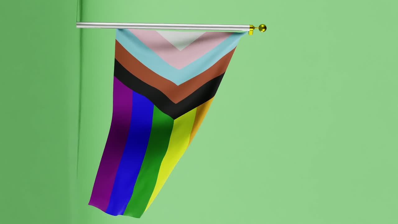 Progress pride flag waving on pole against solid green background. Fabric texture with rainbow colors and chevron stripes in blue, pink, white, brown, and black. LGBTQ+ identity and equality vertical