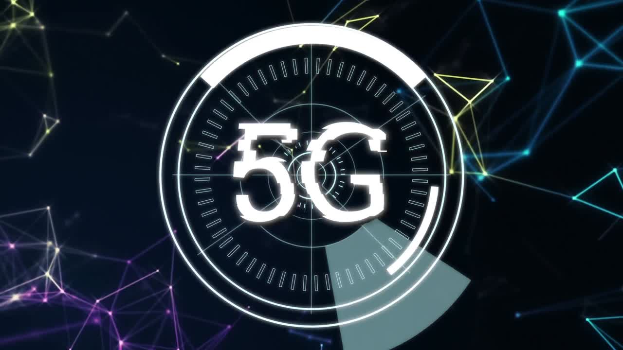 5g scritto nel mezzo di cerchi futuristici e linee asimmetriche