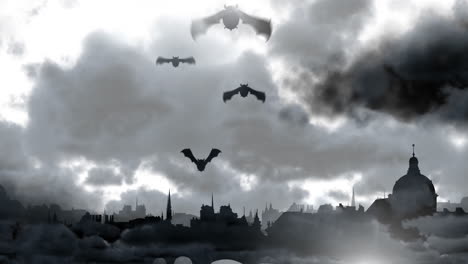 dark clouds and fog over city skyline with spires and domes, animation