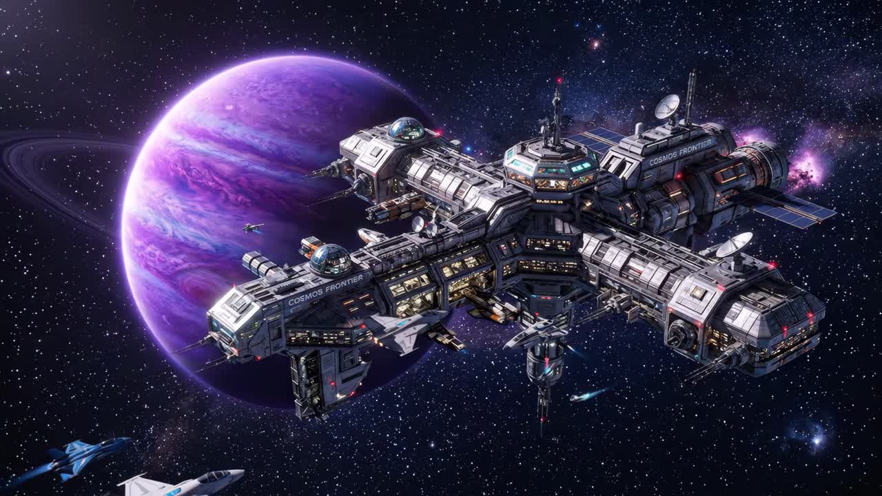 Sci-Fi Space Station with Spaceships Orbiting a Ringed Purple Planet