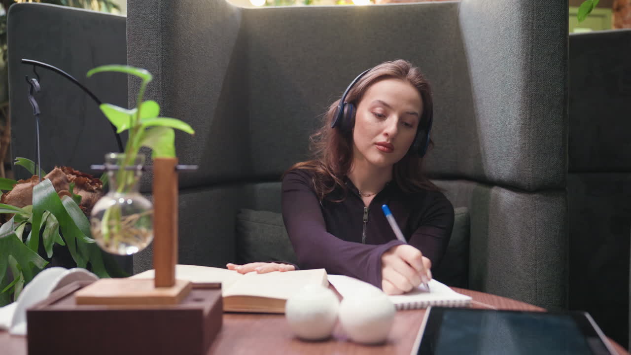 Lady with blond hair wearing headset sits in modern cubicle space, focused on writing in notebook with pen while resting one hand on open book, surrounded by cozy decoration and green plant
