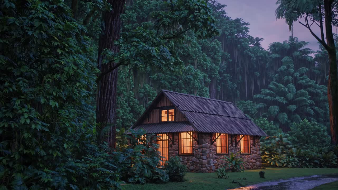 A cozy stone cabin in a lush forest at dusk, captured from a low angle