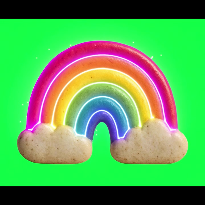 Biscoito arco-íris animado com efeito neon brilhante em tela verde