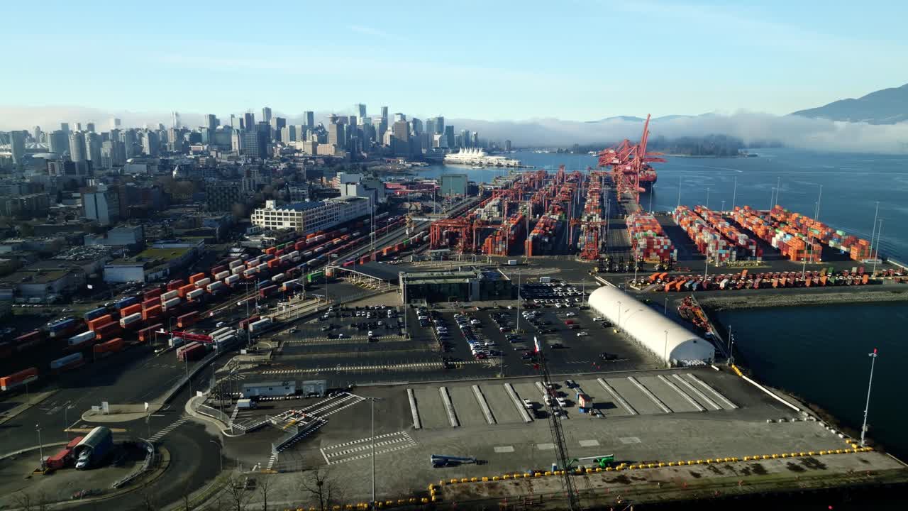 Drone Reveal Shot Of Container Terminal At The Port Of Vancouver, British Columbia, Canada