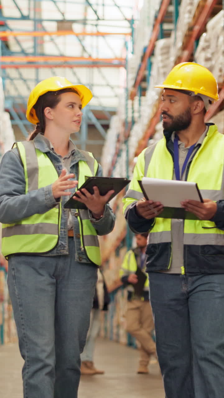 Warehouse workers discussing inventory with tablets and documents