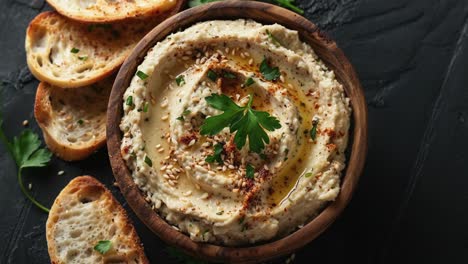 Creamy-Hummus-With-Toasted-Bread-Slices-on-Slate-Background