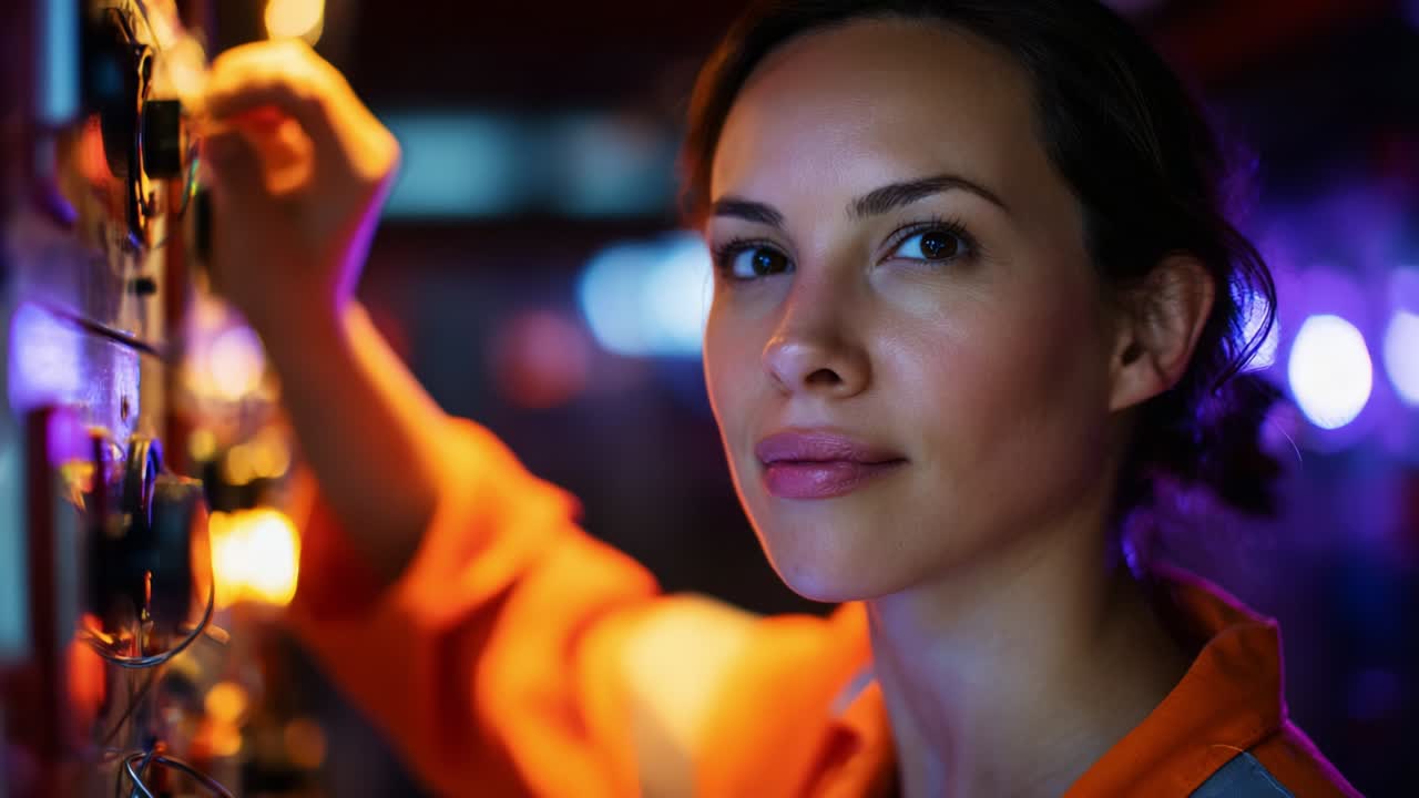 Focused Technician Operating Equipment in Dimly Lit Environment, Capturing a Moment of Concentration and Skill as She Adjusts Controls While Surrounded by Vibrant Lighting Effects and Technology