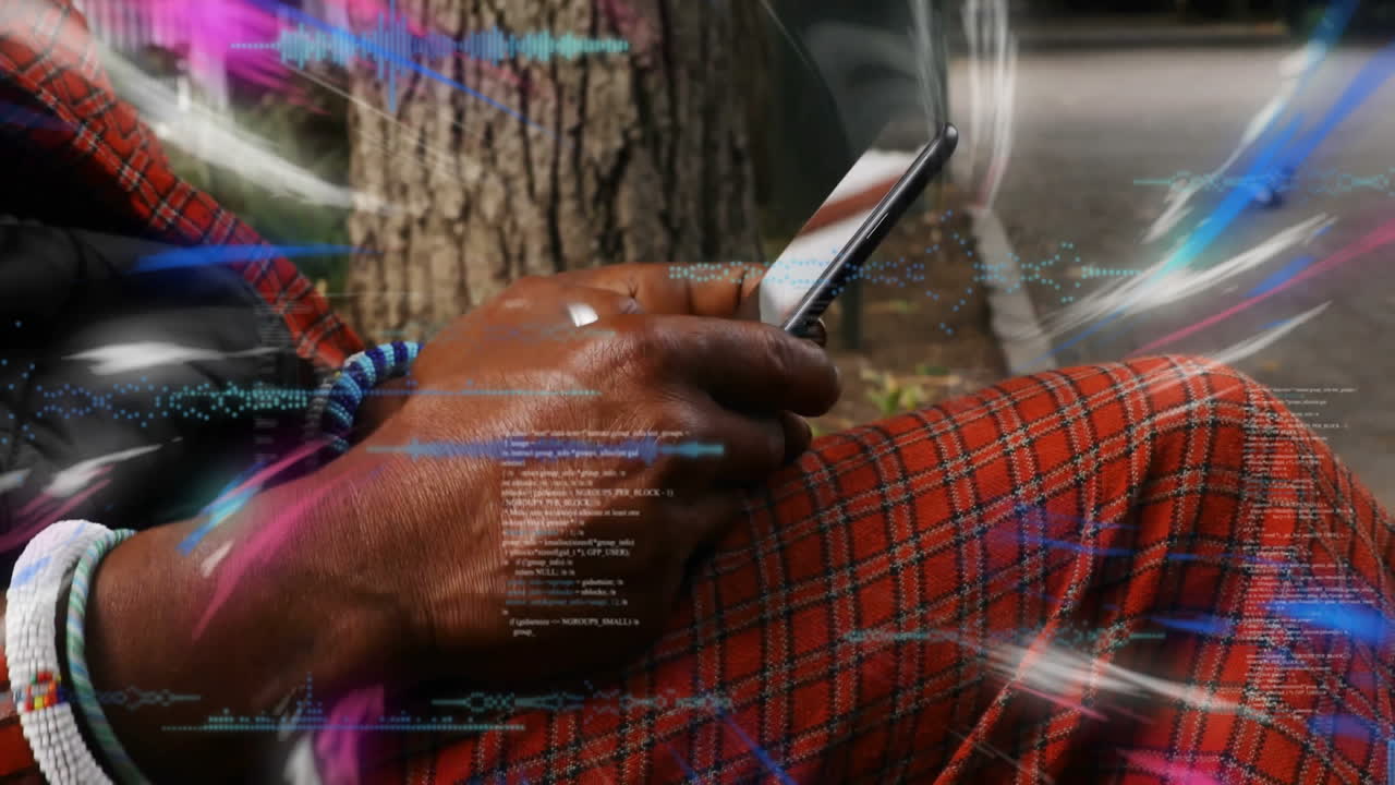 Using smartphone, person viewing digital data processing animation overlay