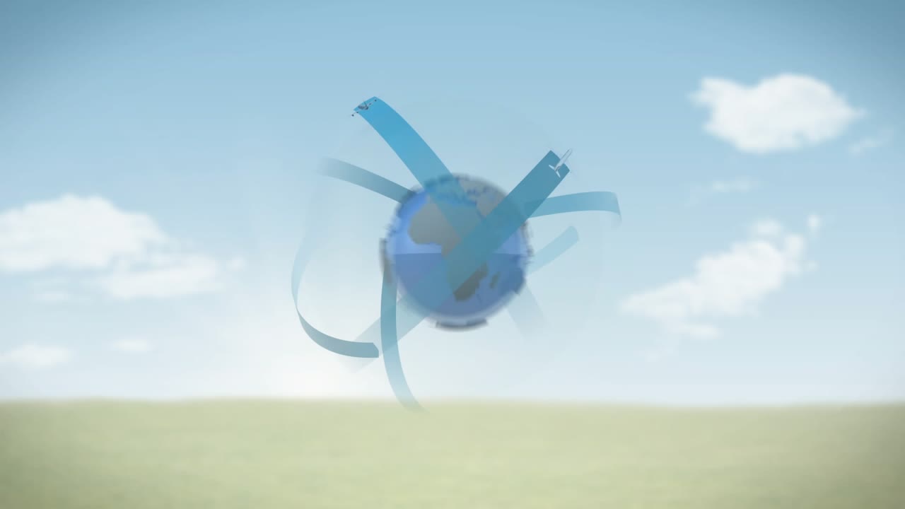 Glassy globe appearing, growing and rotating, spawning planes forming blue arcs mapping routes