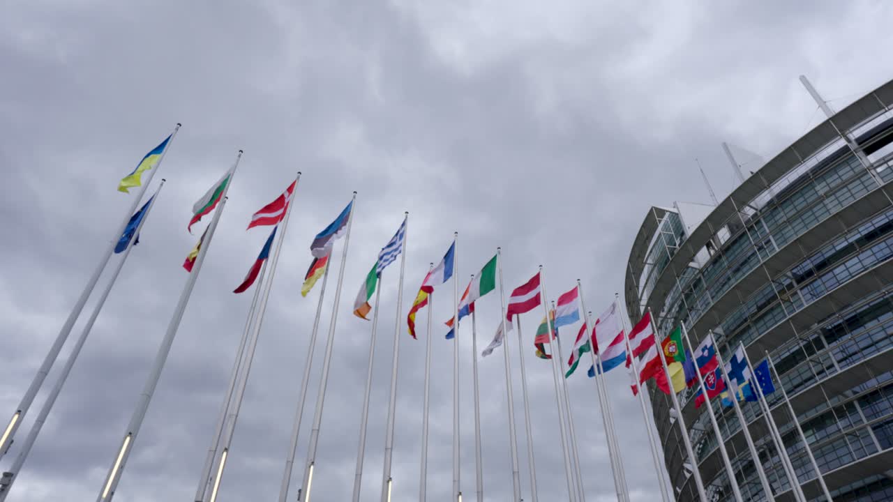 banderas de los estados miembros de la unión europea y ucrania en un día nublado frente al parlamento europeo en estrasburgo, francia