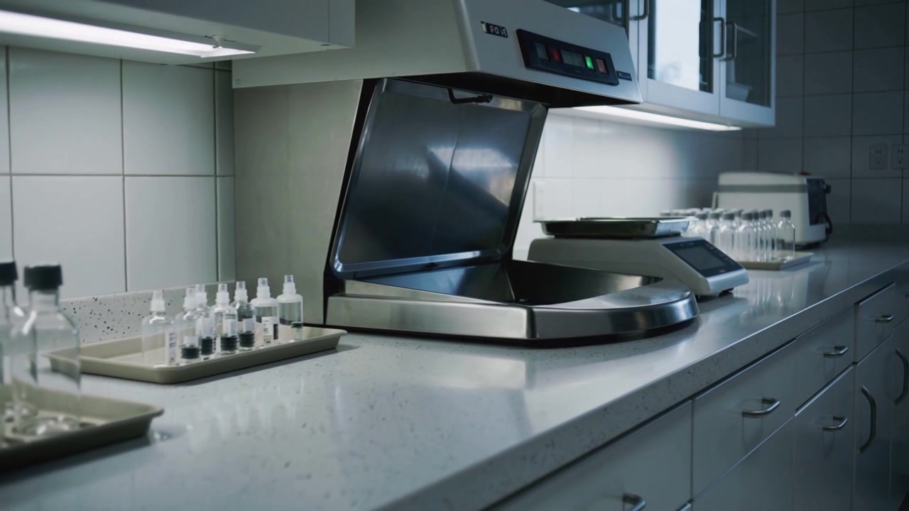 Tracking camera shifting right and zooming in at lab bench, revealing steel instrument and vials