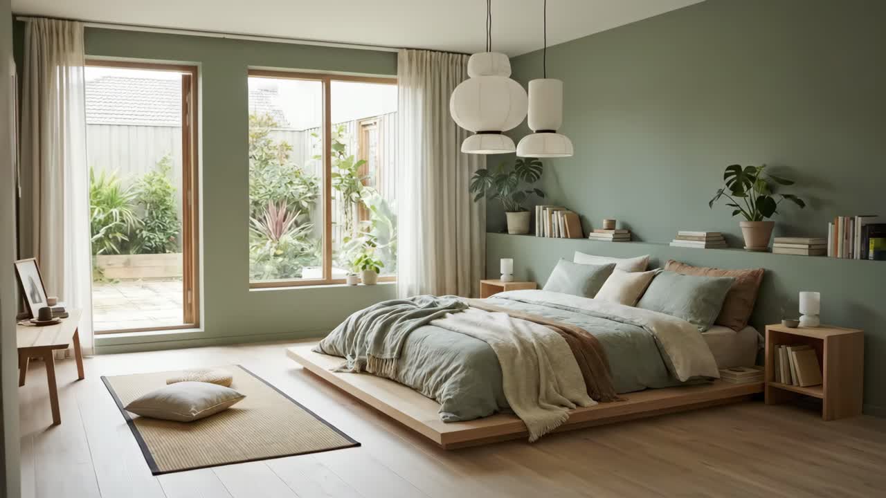 Camera da letto moderna e minimalista con pareti verde salvia e luce naturale